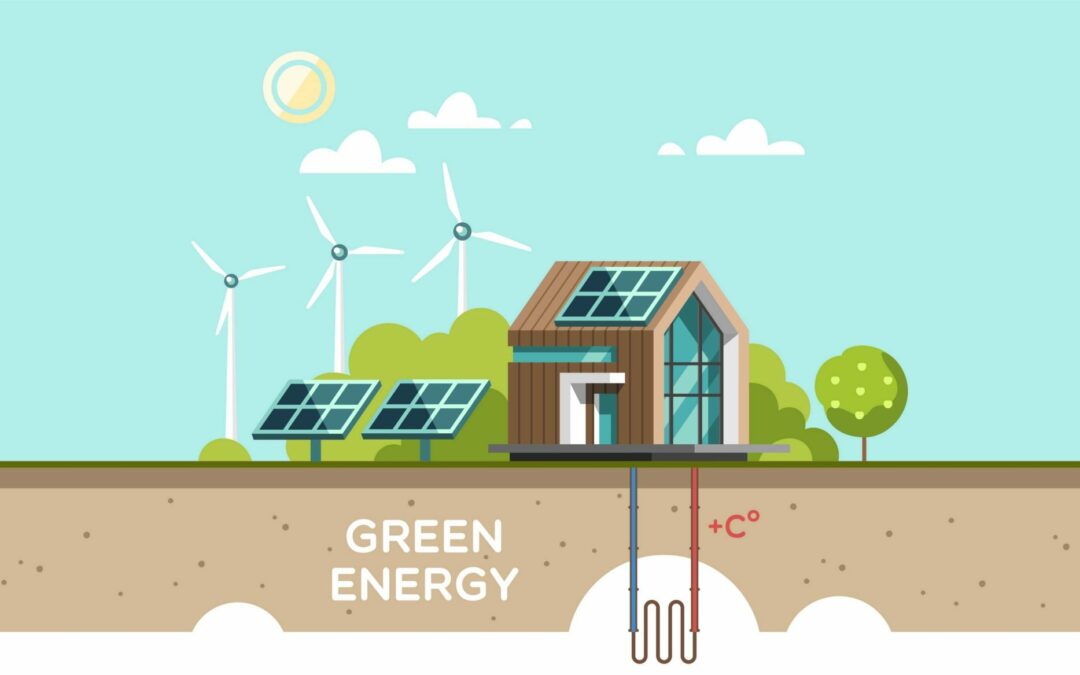 Graphic of green energy hvac systems via geothermal heating and cooling solutions