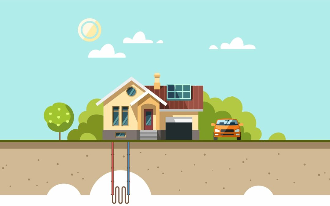 graphic of a house using geothermal heat pump for heating and cooling